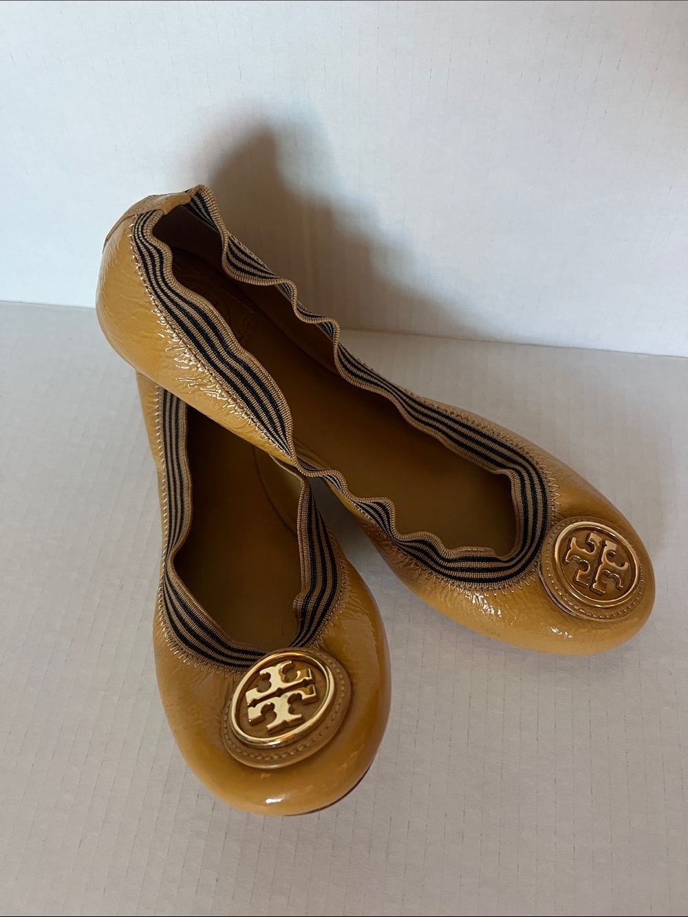 Tory Burch Mustard Patent Leather Logo Round-Toe Ballet Flats